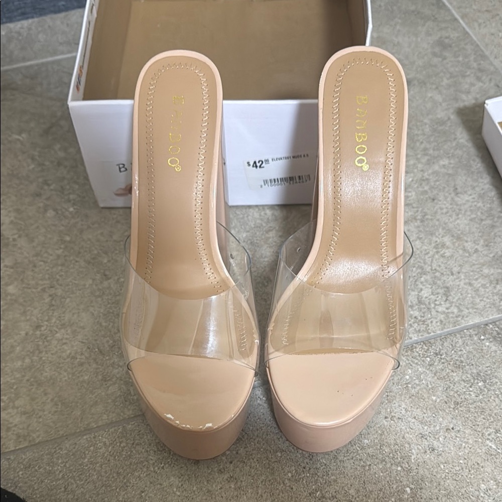 Bamboo Tan Heels with Clear Strap and Stiletto Design
